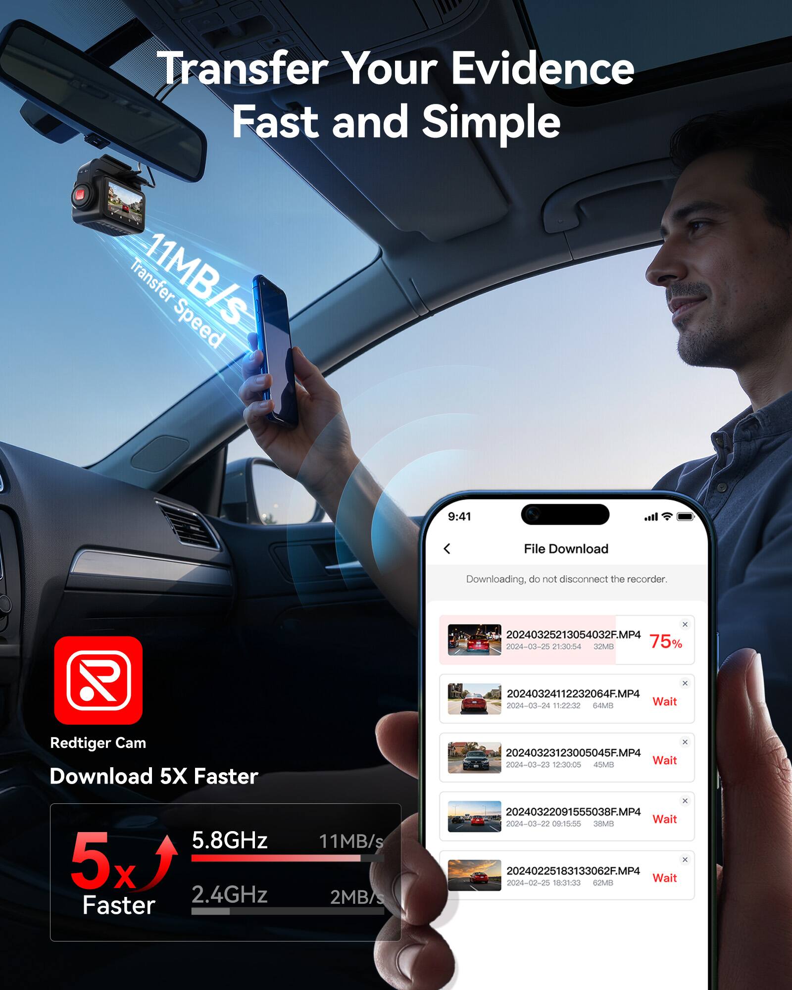 Transfer Your Evidence Fast and Simple

Transfer 11MB/s Speed

File Download
Downloading, do not disconnect the recorder.

P x 20240325213054032F.MP4
2004-03-25 1:054 J 75%

x 20240324112232064F.MP4
2024-03-24 11:22:30

5X Faster
x 20240323123005045F.MP4
2024-03-23 12:30:00

Wait
5.8GHz 5x
2.4GHz
11MB/s 2MB/s

x 20240322091555038F.MP4
Wait
2024-03-22 09:15:55 AM

x 20240225183133062F.M