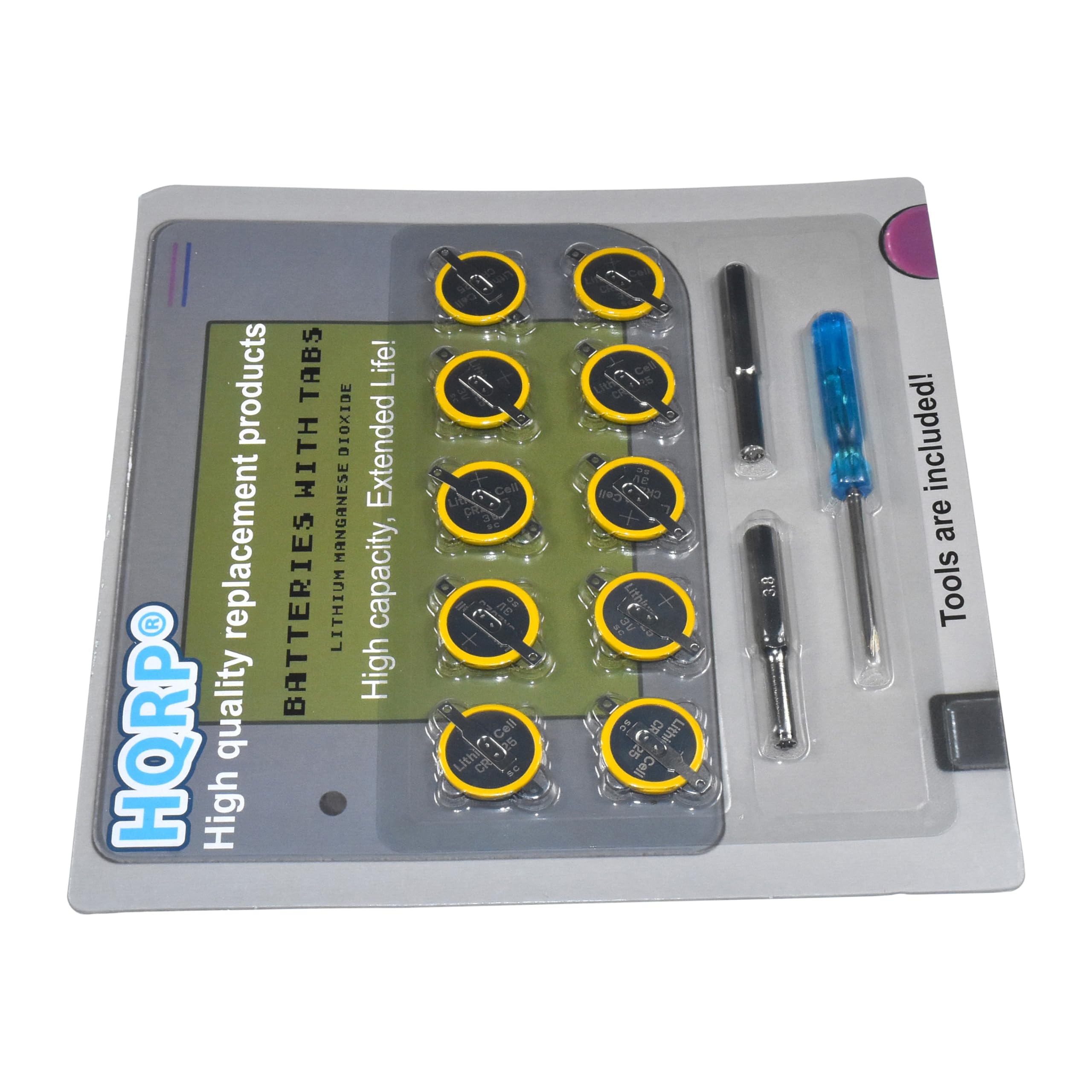 High quality replacement products  
BATTERIES WITH TABS  
LITHIUM MANGANESE DIOXIDE  
High capacity, Extended Life!  

HQRP  
High quality replacement products  

Tools are included!  

CR-25  
CR 25  
CR-25  
CR 25  
CR-25  
CR 25  
CR-25  
CR 25