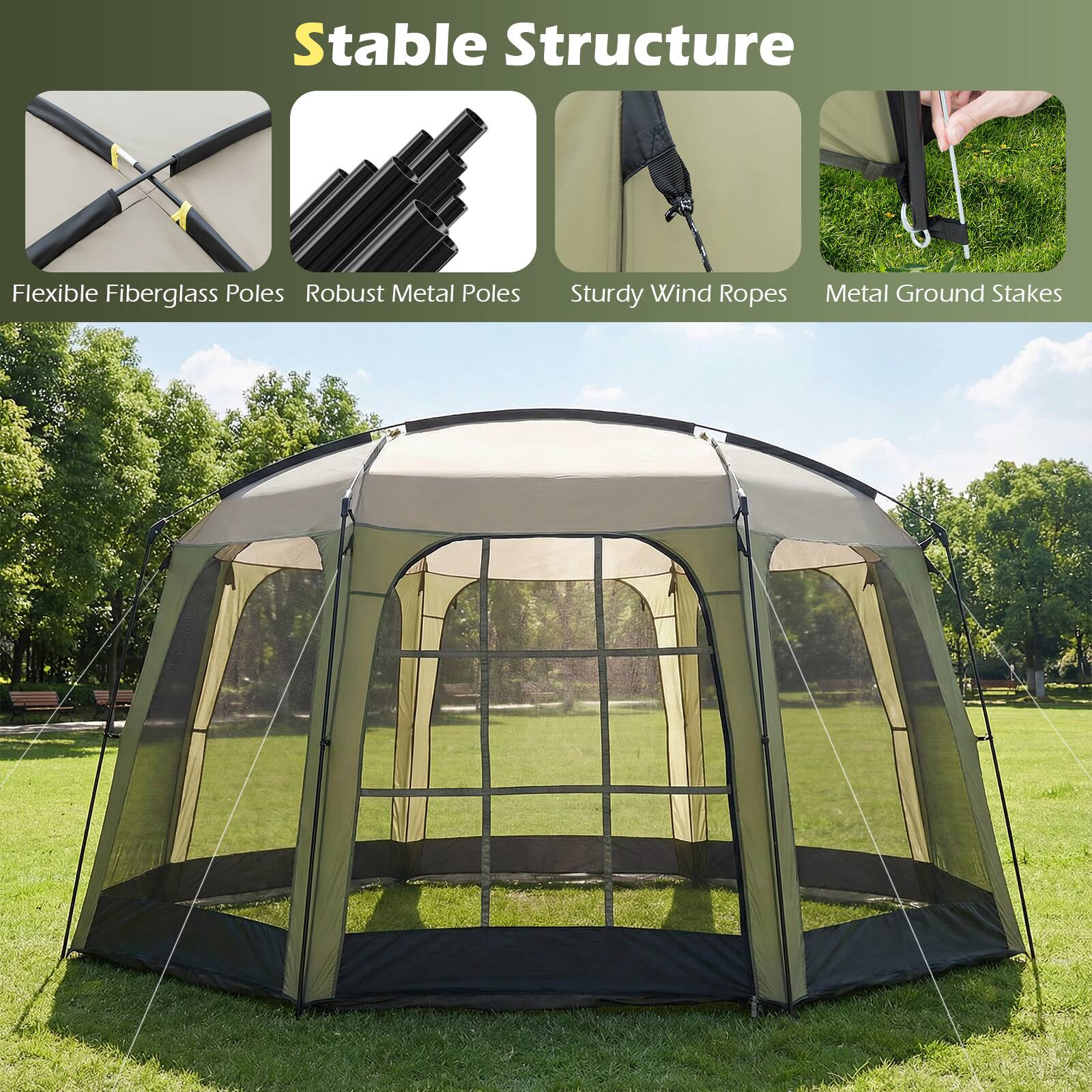 Stable Structure

- Flexible Fiberglass Poles
- Robust Metal Poles
- Sturdy Wind Ropes
- Metal Ground Stakes