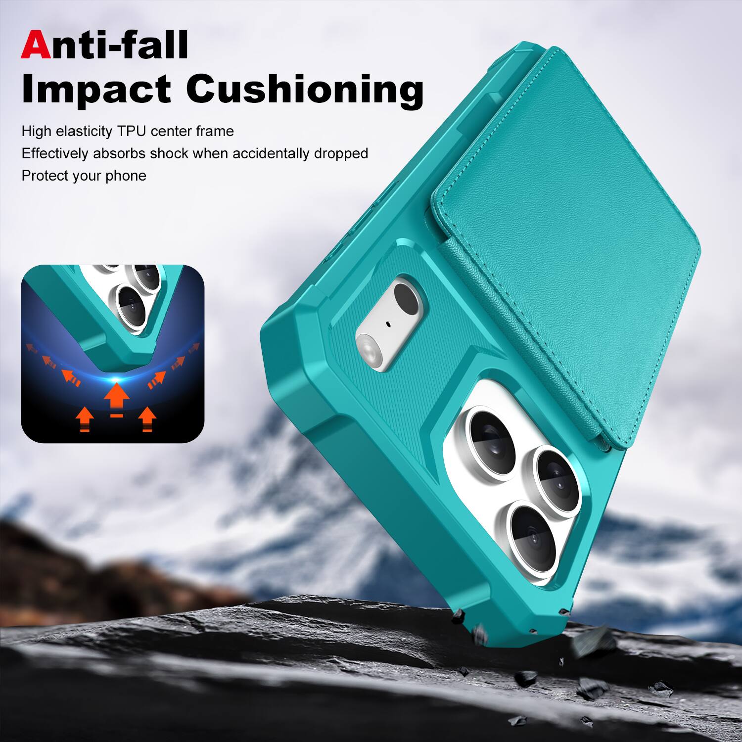 Anti-fall Impact Cushioning

High elasticity TPU center frame  
Effectively absorbs shock when accidentally dropped  
Protect your phone