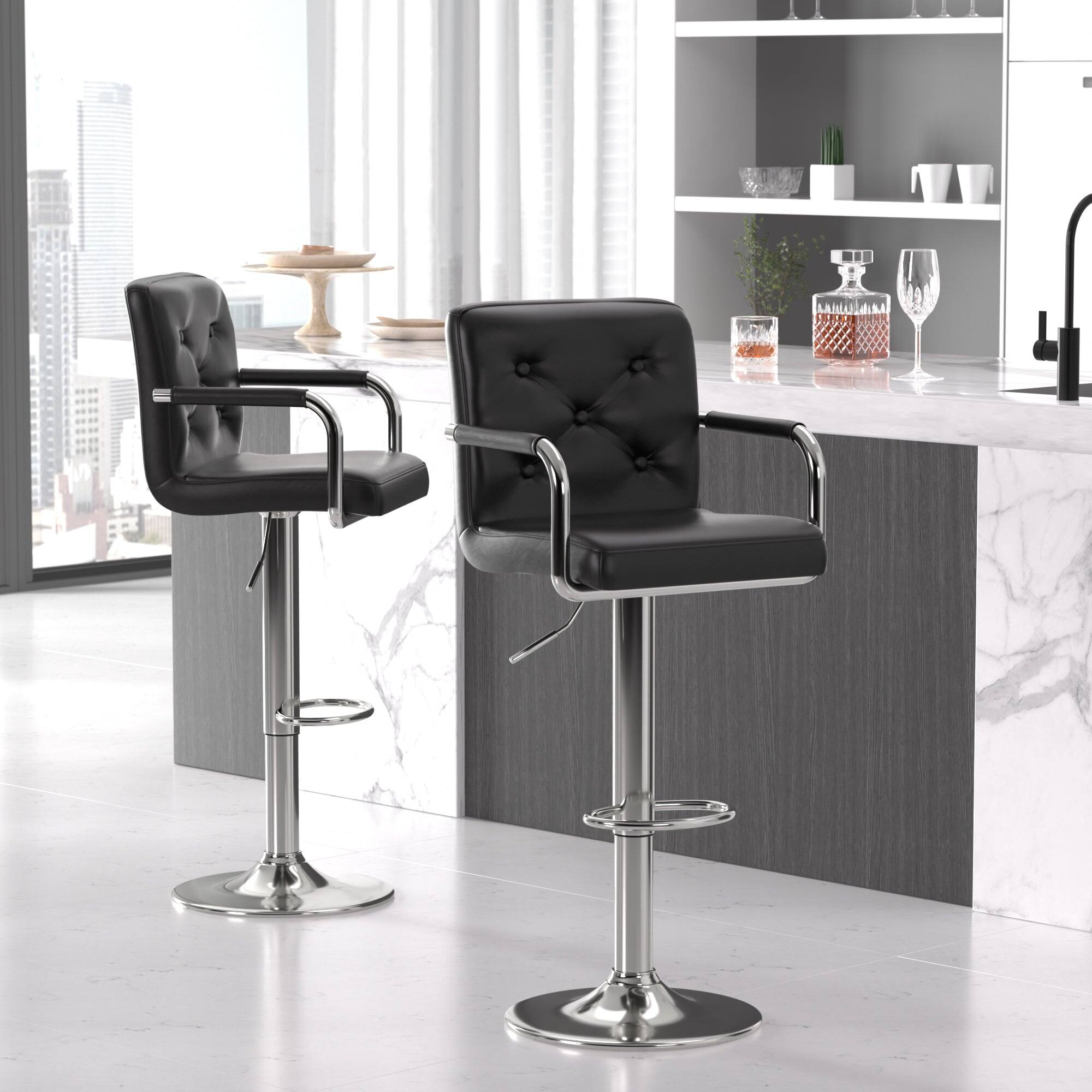 Alt View 1. Vecelo - Set of 2 PU Leather Bar Stools with Back and Arms,Adjustable Height Bar Chairs for Kitchen/Island - Black.