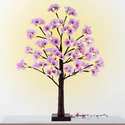 Front. ACJPR - 24" Lighted Cherry Blossom Tree, 28 LEDs, 84 Flowers, Battery/USB - Brown and Pink.