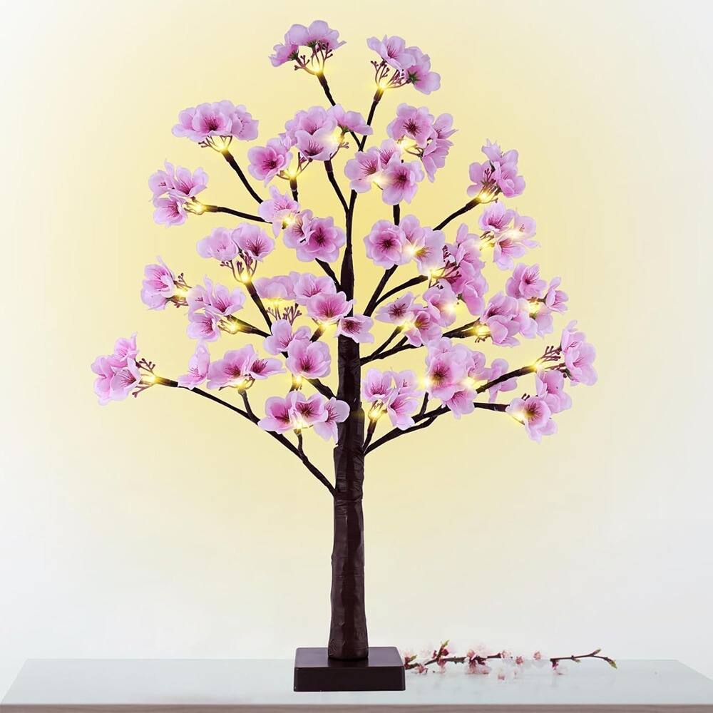 Front. ACJPR - 24" Lighted Cherry Blossom Tree, 28 LEDs, 84 Flowers, Battery/USB - Brown and Pink.