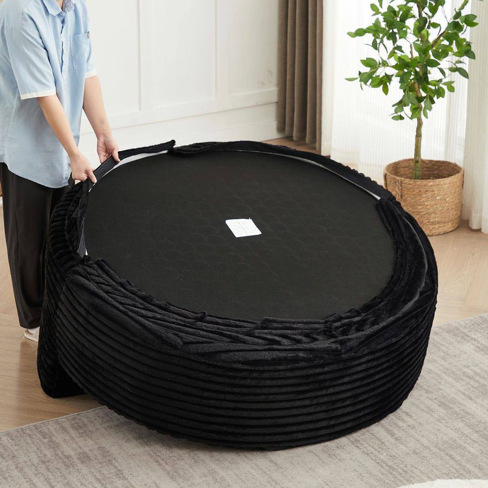 Back. Kadyn - 55"L Corduroy Swivel Chair, Fluffy Modern Sleeper with 360-Degree Rotation for Living Room, Black - Black.