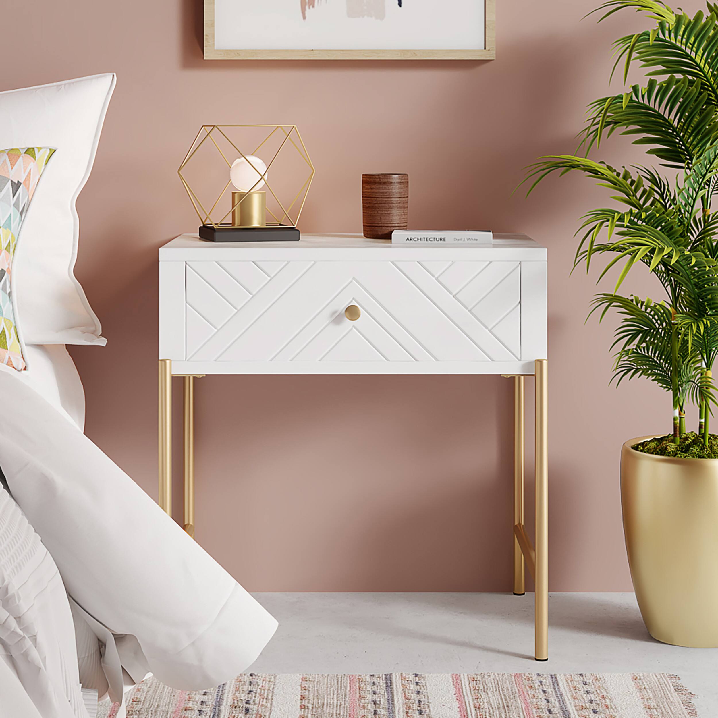 Angle. Adore Decor - Jupiter Side Table - White and Gold.