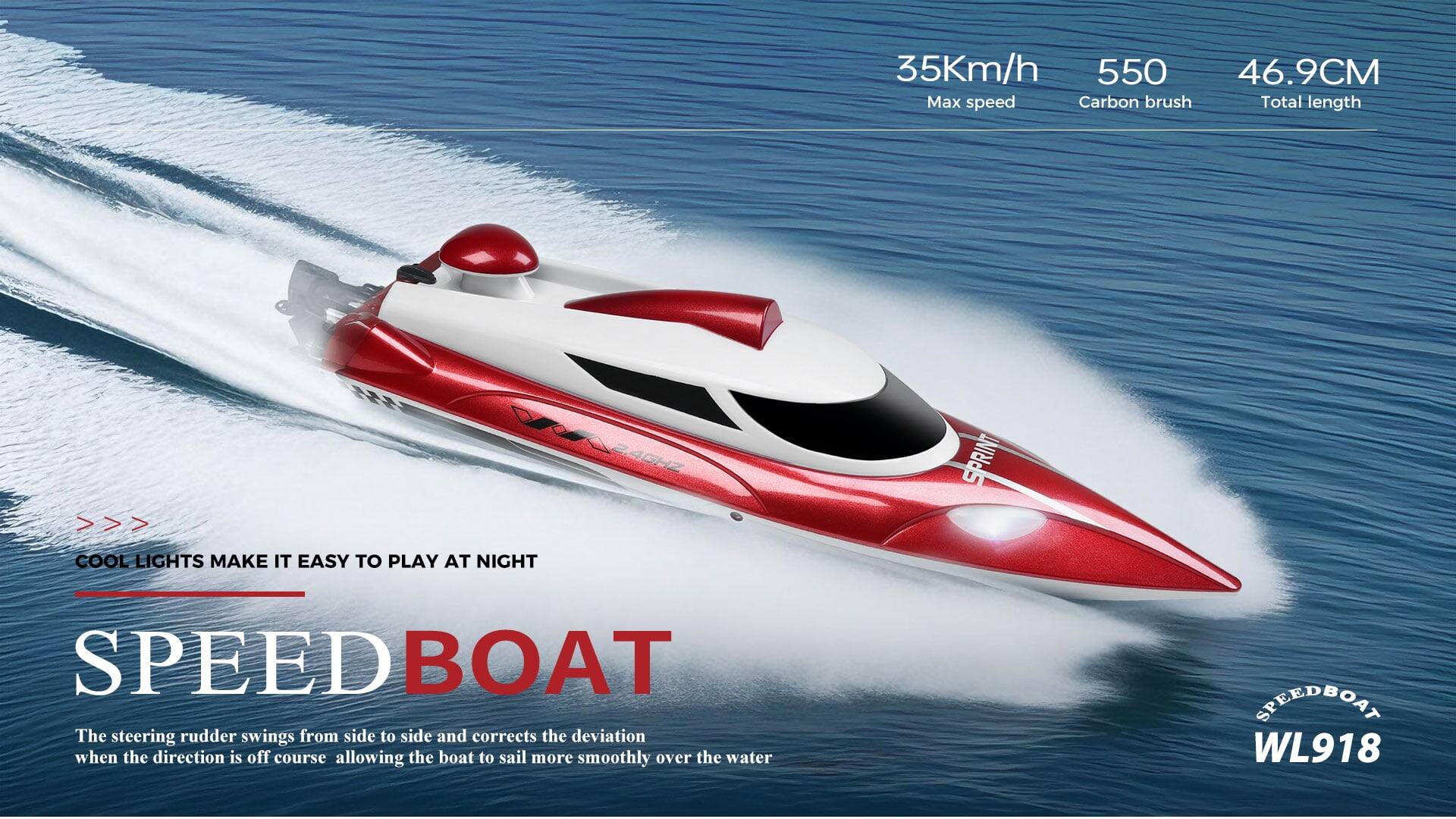 35Km/h  
Max speed

550  
Carbon brush

46.9CM  
Total length

COOL LIGHTS MAKE IT EASY TO PLAY AT NIGHT

SPEED BOAT

The steering rudder swings from side to side and corrects the deviation when the direction is off course, allowing the boat to sail more smoothly over the water

SPEEDBOAT  
WL918