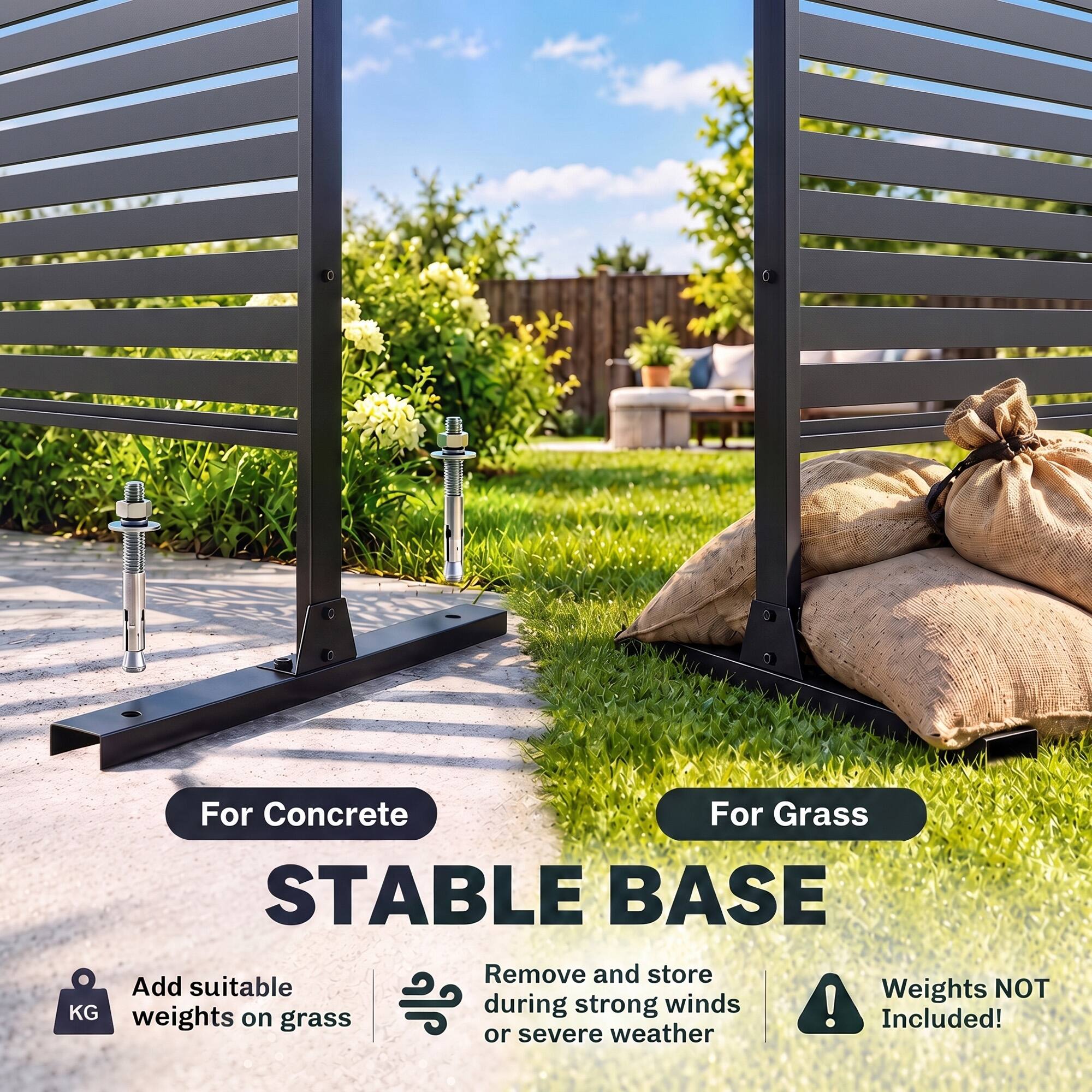 For Concrete  
For Grass  
STABLE BASE  
Add suitable weights on grass  
Remove and store during strong winds or severe weather  
Weights NOT Included!