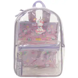 Bioworld Hello Kitty Transparent 16" School Backpack with Purple Glitter all over with a Book Sleeve - Clear