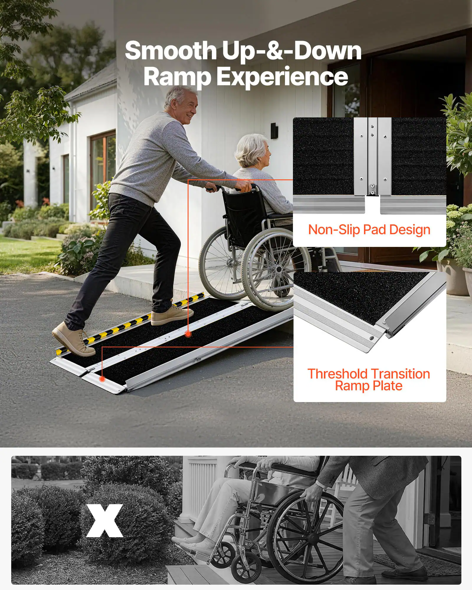 Smooth Up-&-Down Ramp Experience  
Non-Slip Pad Design  
Threshold Transition Ramp Plate