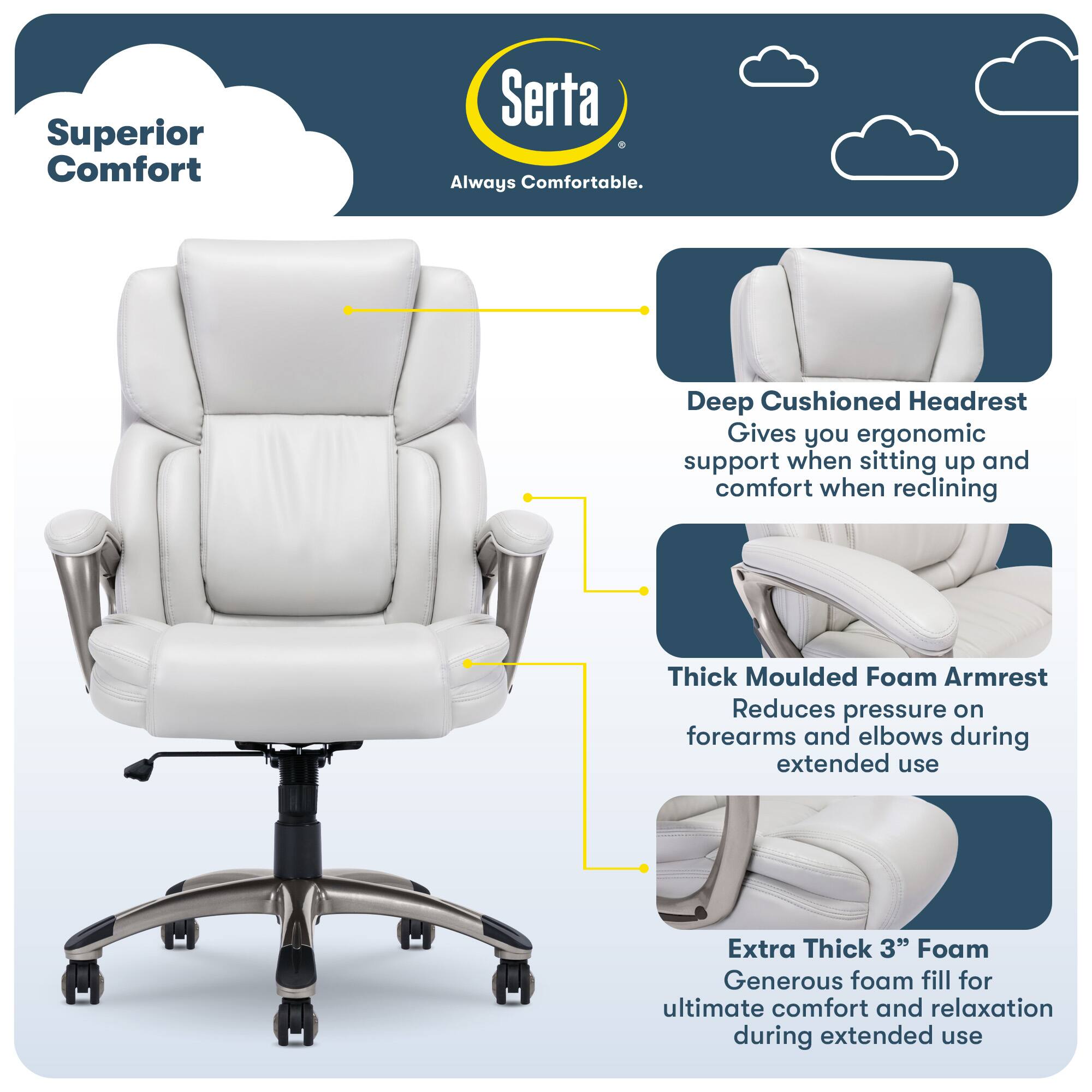 Superior Comfort Serta Always Comfortable. Deep Cushioned Headrest Gives you ergonomic support when sitting up and comfort when reclining Thick Moulded Foam Armrest Reduces pressure on forearms and elbows during extended use Extra Thick 3" Foam Generous foam fill for ultimate comfort and relaxation during extended use