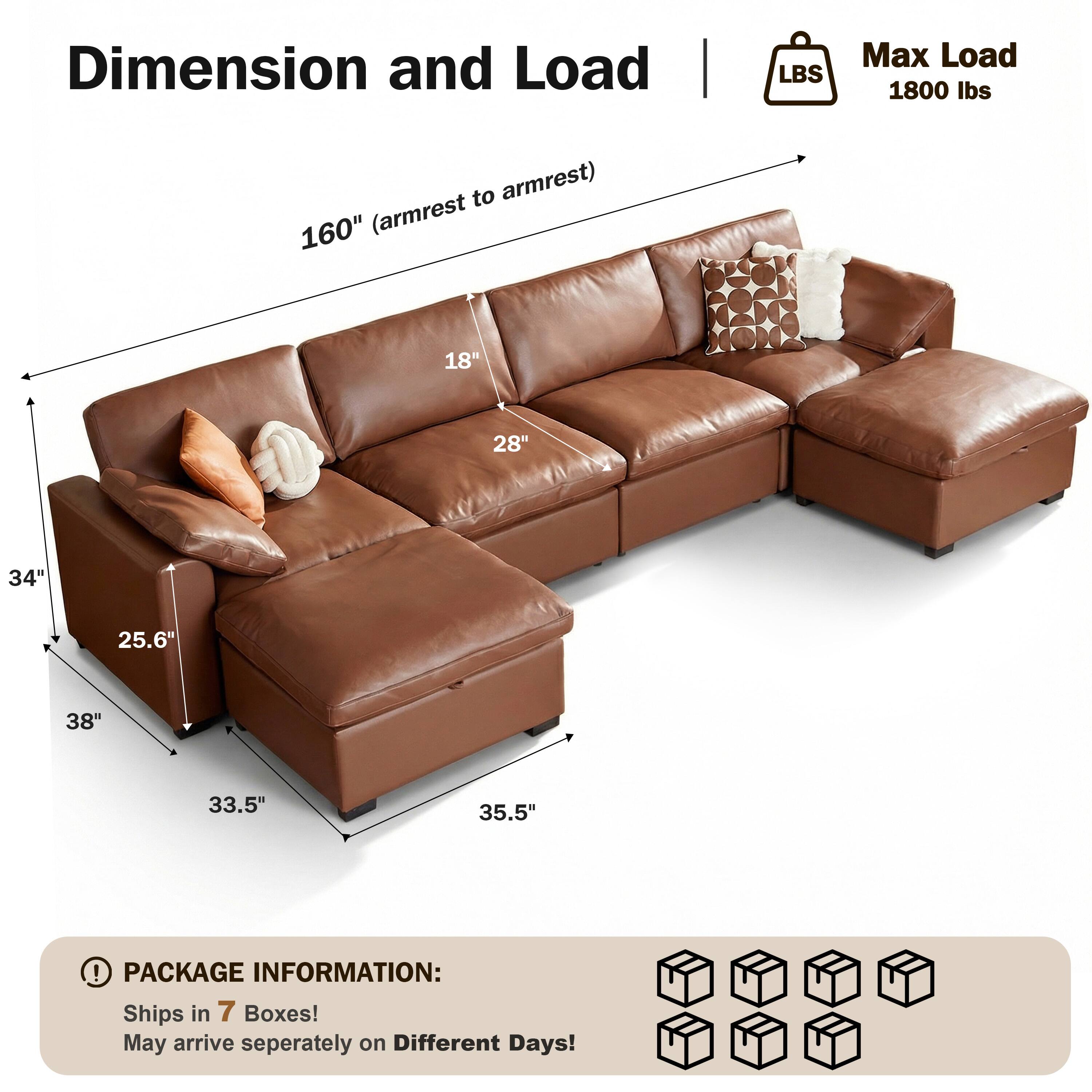 Dimension and Load  
Max Load: 1800 lbs  
160" (armrest to armrest)  
18"  
28"  
34"  
25.6"  
38"  
33.5"  
35.5"  

PACKAGE INFORMATION:  
Ships in 7 Boxes!  
May arrive separately on Different Days!