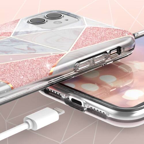Angle. Vena - MELANGE Chic Design Slim Protective Case for Apple iPhone 11 - Marble Rose Gold - Multicolored.