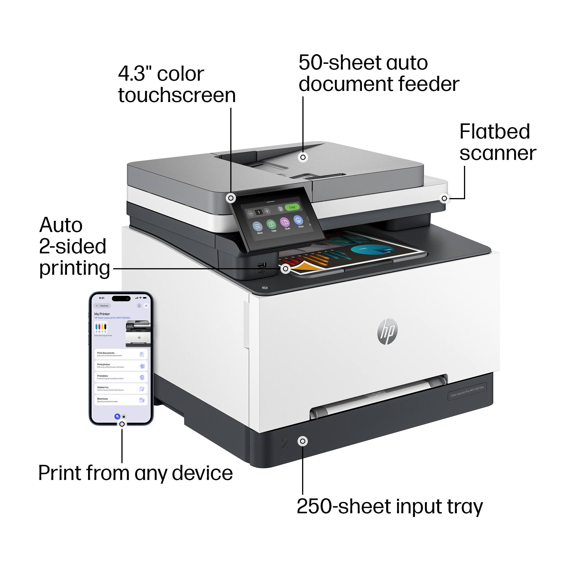 - 4.3" color touchscreen
- Auto 2-sided printing
- 50-sheet auto document feeder
- Flatbed scanner
- Print from any device
- 250-sheet input tray