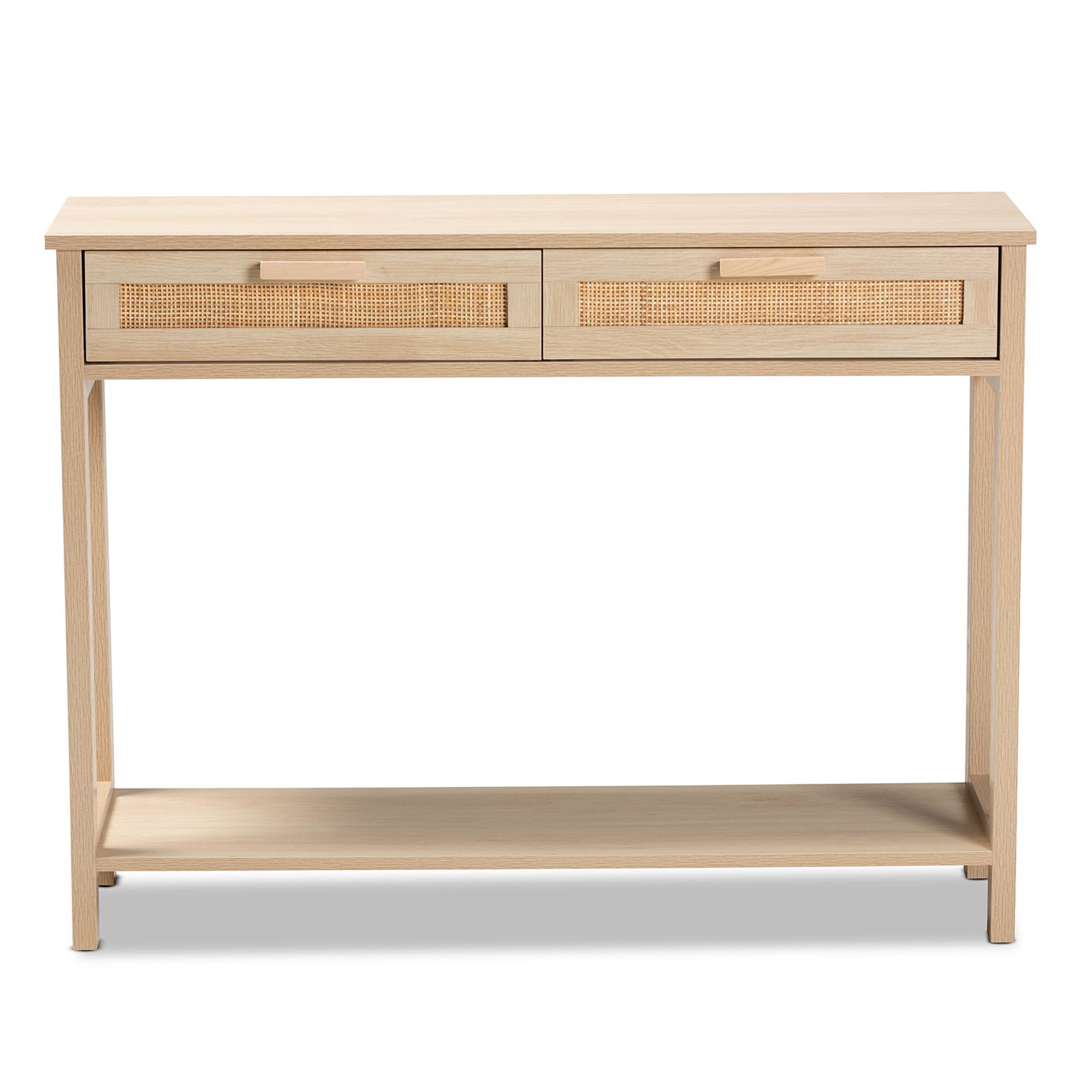 Left. Baxton Studio - Sebille Mid-Century Modern Finished Wood 2-Drawer Console Table with Rattan - Light Brown.