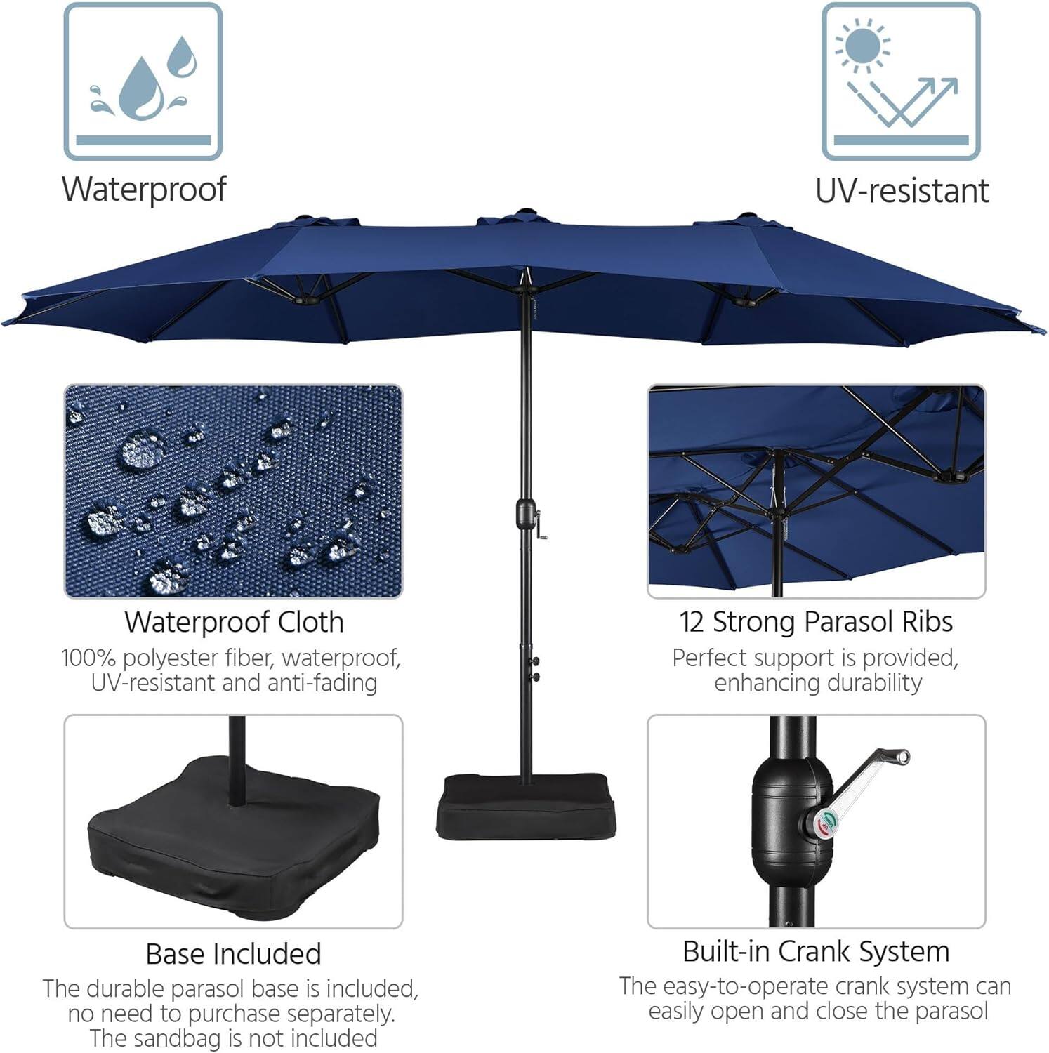 Waterproof UV-resistant Waterproof Cloth 100% polyester fiber, waterproof, UV-resistant and anti-fading

12 Strong Parasol Ribs
Perfect support is provided, enhancing durability

Base Included
The durable parasol base is included, no need to purchase separately. The sandbag is not included

Built-in Crank System
The easy-to-operate crank system can easily open and close the parasol