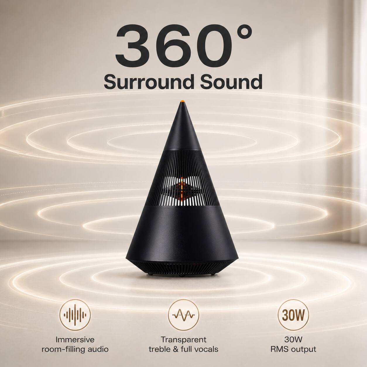 360° Surround Sound  
30W Immersive room-filling audio  
Transparent treble & full vocals  
30W RMS output
