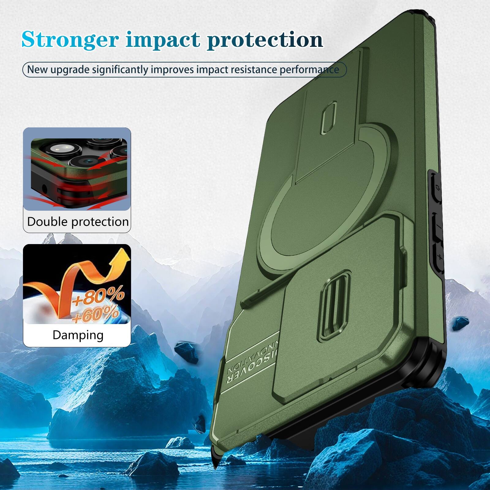 Stronger impact protection  
New upgrade significantly improves impact resistance performance  
Double protection  
+80% +60% Damping