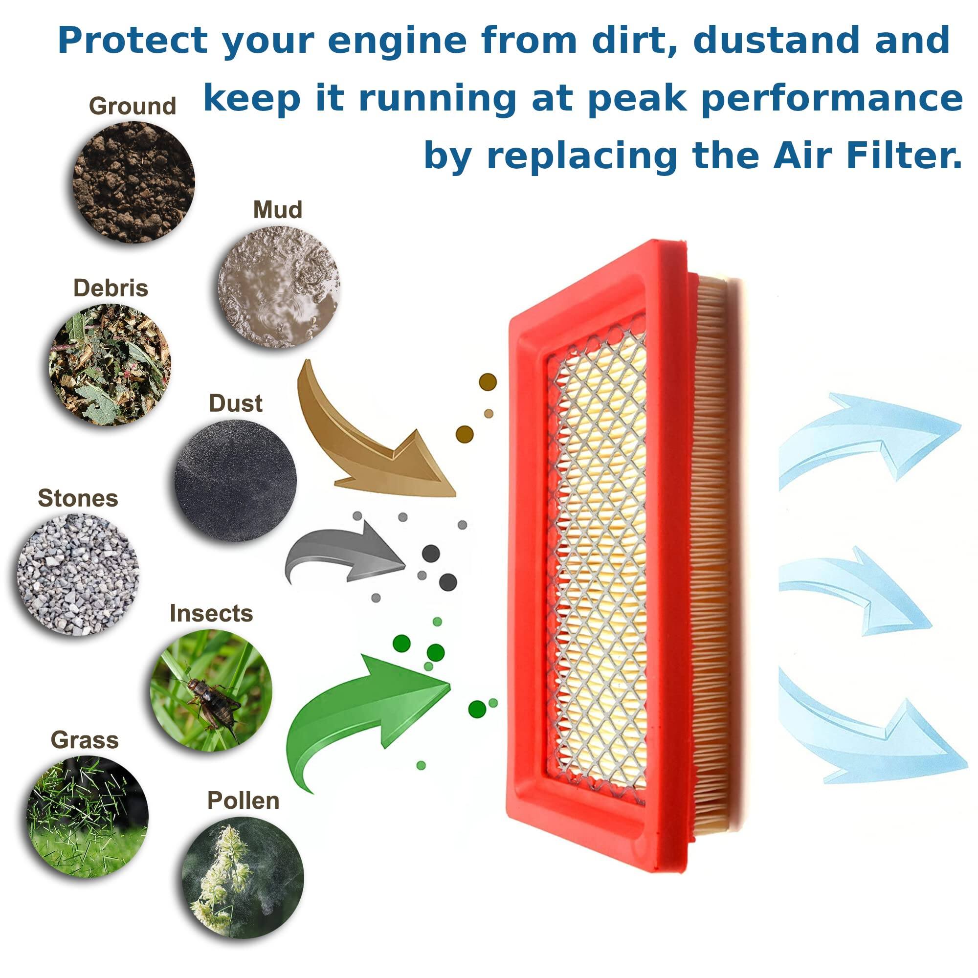 Protect your engine from dirt, dust, and ground keep it running at peak performance by replacing the Air Filter.

- Ground
- Mud
- Debris
- Dust
- Stones
- Insects
- Grass
- Pollen