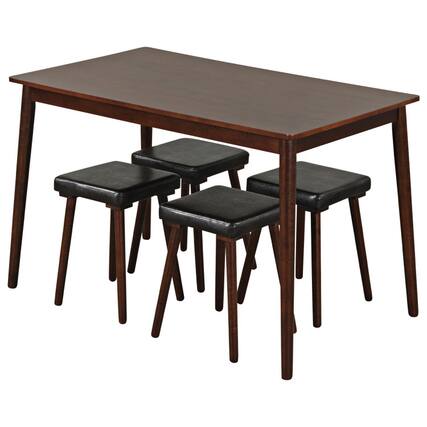Front. SlickBlue - 5 Piece Dining Table Set for 4 with Upholstered Stools and Rubber Wood Legs - Brown.