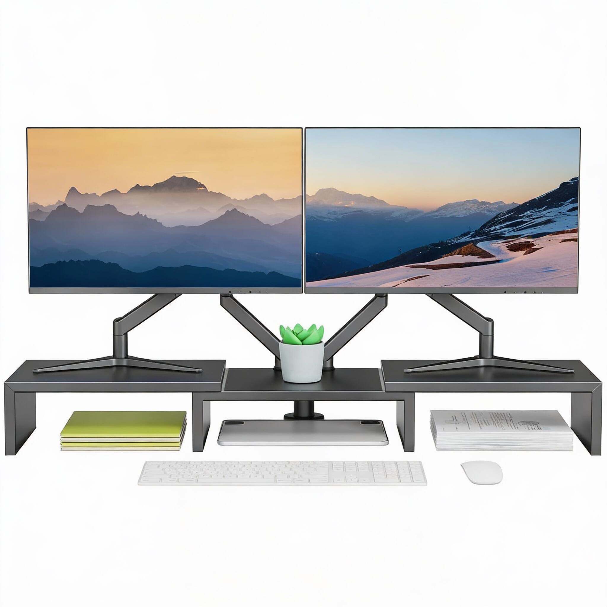 Front. Frangdom - Dual Monitor Stand Metal Riser Desk Organizer - Black.