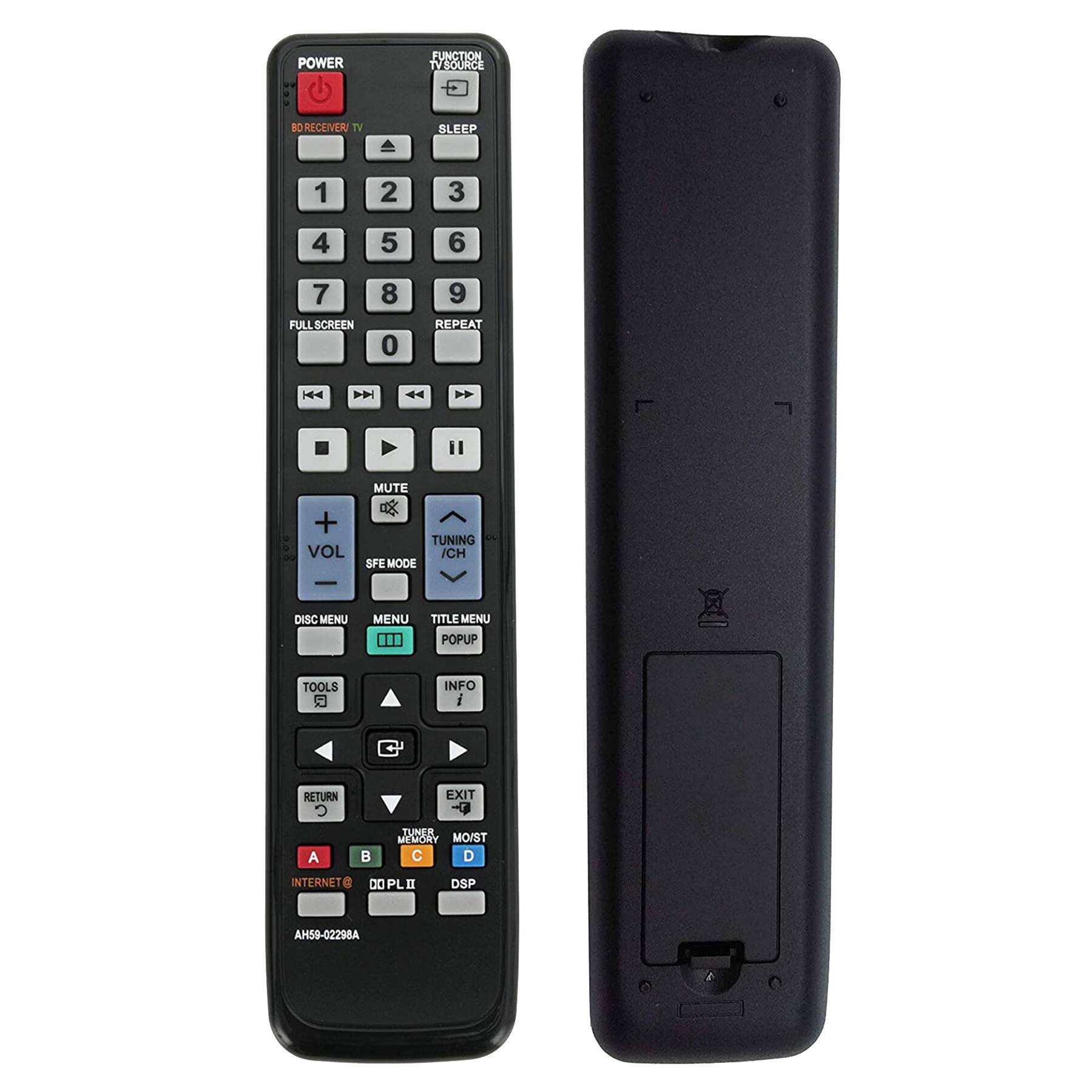 POWER FUNCTION TV SOURCE AD RECEIVER TV SLEEP 1 2 3 4 5 6 7 FULL SCREEN 8 0 9 REPEAT H 4 il MUTE + VOL TUNING ICH SFE MODE DISC MENU MENU ... TITLE MENU POPUP TOOLS 5 INFO i RETURN EXIT A TUNER MEMORY MOIST C O INTERNET DO PL II DSP AH59-02298A