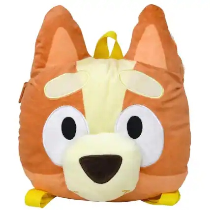 Front. UPD - Fast Forward Bluey Bingo Head Plush Shaped Backpack 10 x 13, Orange for Kids - Multicolored.