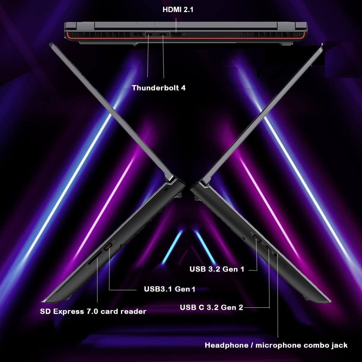 HDMI 2.1  
Thunderbolt 4  
USB 3.2 Gen 1  
USB 3.1 Gen 1  
SD Express 7.0 card reader  
USB 3.2 Gen 2  
Headphone / microphone combo jack