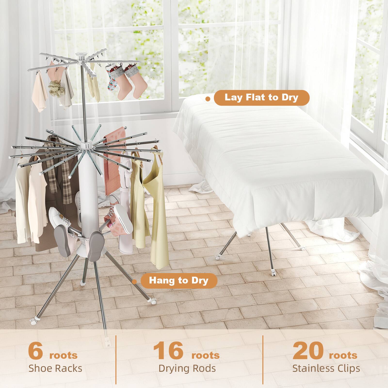 - Lay Flat to Dry
- Hang to Dry
- 6 roots Shoe Racks
- 16 roots Drying Rods
- 20 roots Stainless Clips