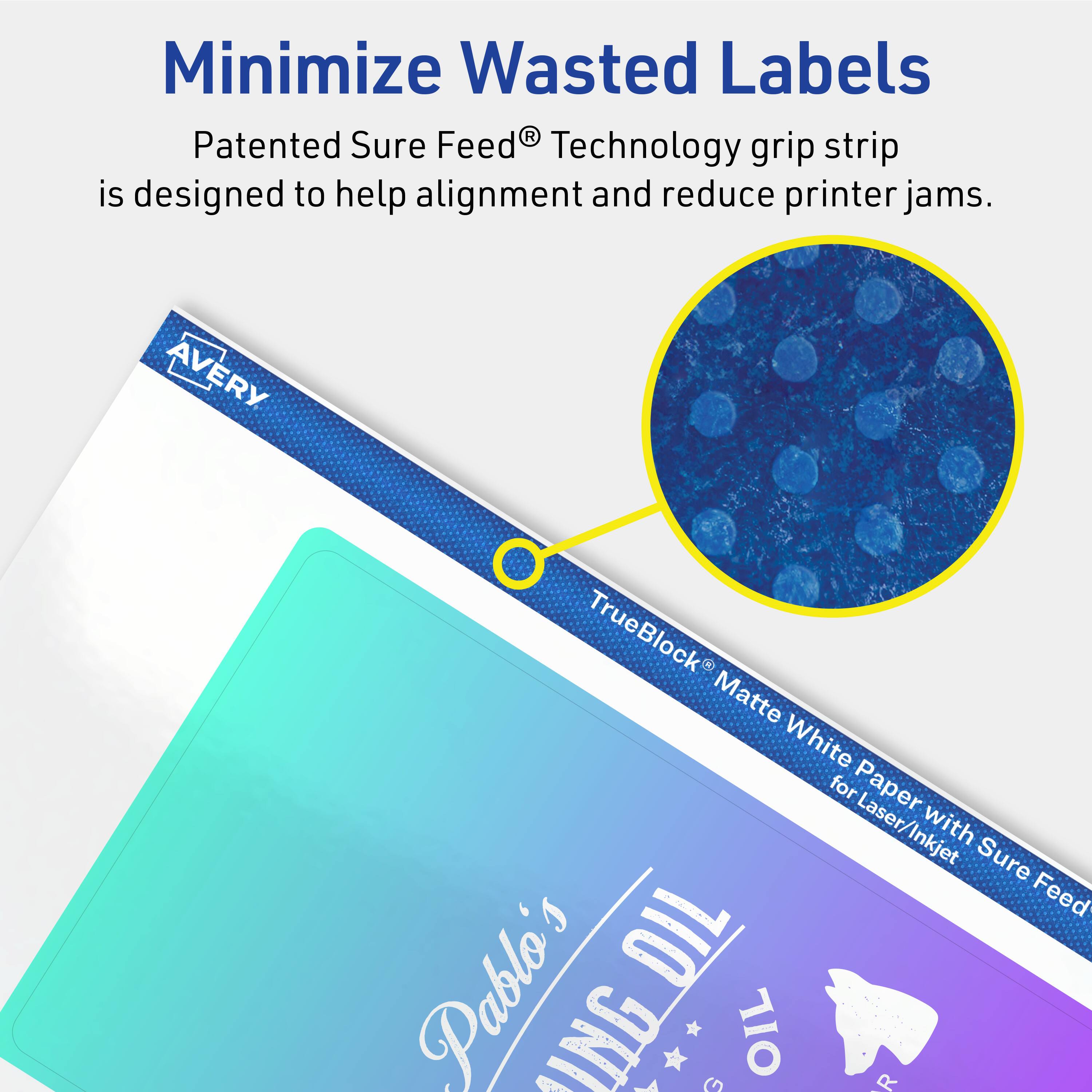 Minimize Wasted Labels

Patented Sure Feed® Technology grip strip is designed to help alignment and reduce printer jams.

AVERY TrueBlock Matte White for Paper Laser/Inkjet with Sure Feed

Pablo's 110 UNG OIL CO