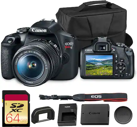 Canon EOS Rebel T7 Kit - $
Lens EF-S Zoom 18-55mm 1:3.5-5.6 IS II
Canon A
64 GB SDXC Card
Canon Camera Bag
Canon Battery Grip
Canon Lens Cap