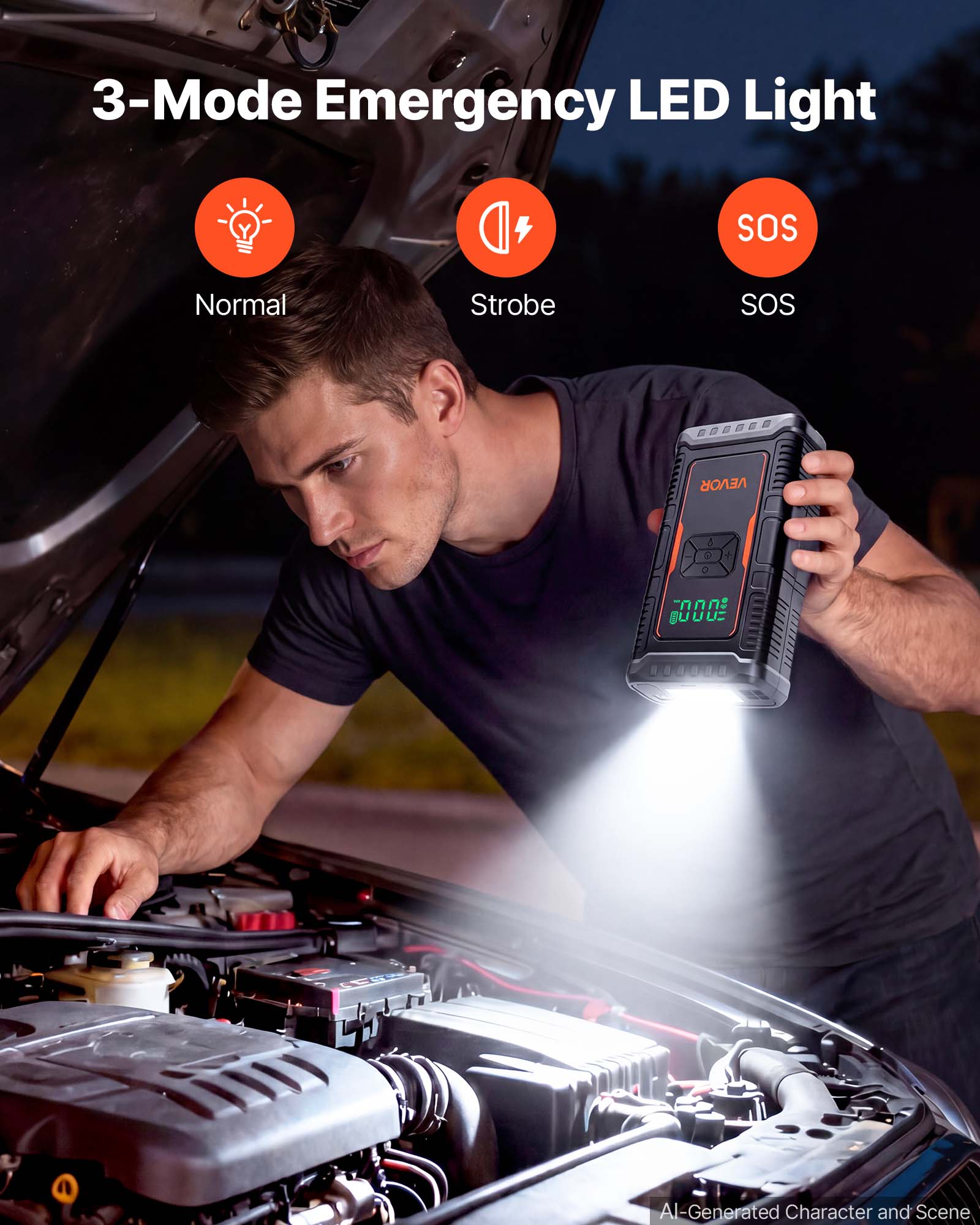 3-Mode Emergency LED Light

Normal
Strobe
SOS

VEVOR

3 0 O

AI-Generated Character and Scene
