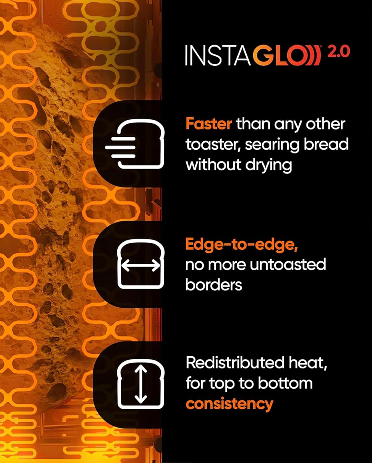 INSTA GLO)) 2.0

- Faster than any other toaster, searing bread without drying
- Edge-to-edge, no more untoasted borders
- Redistributed heat, for top to bottom consistency