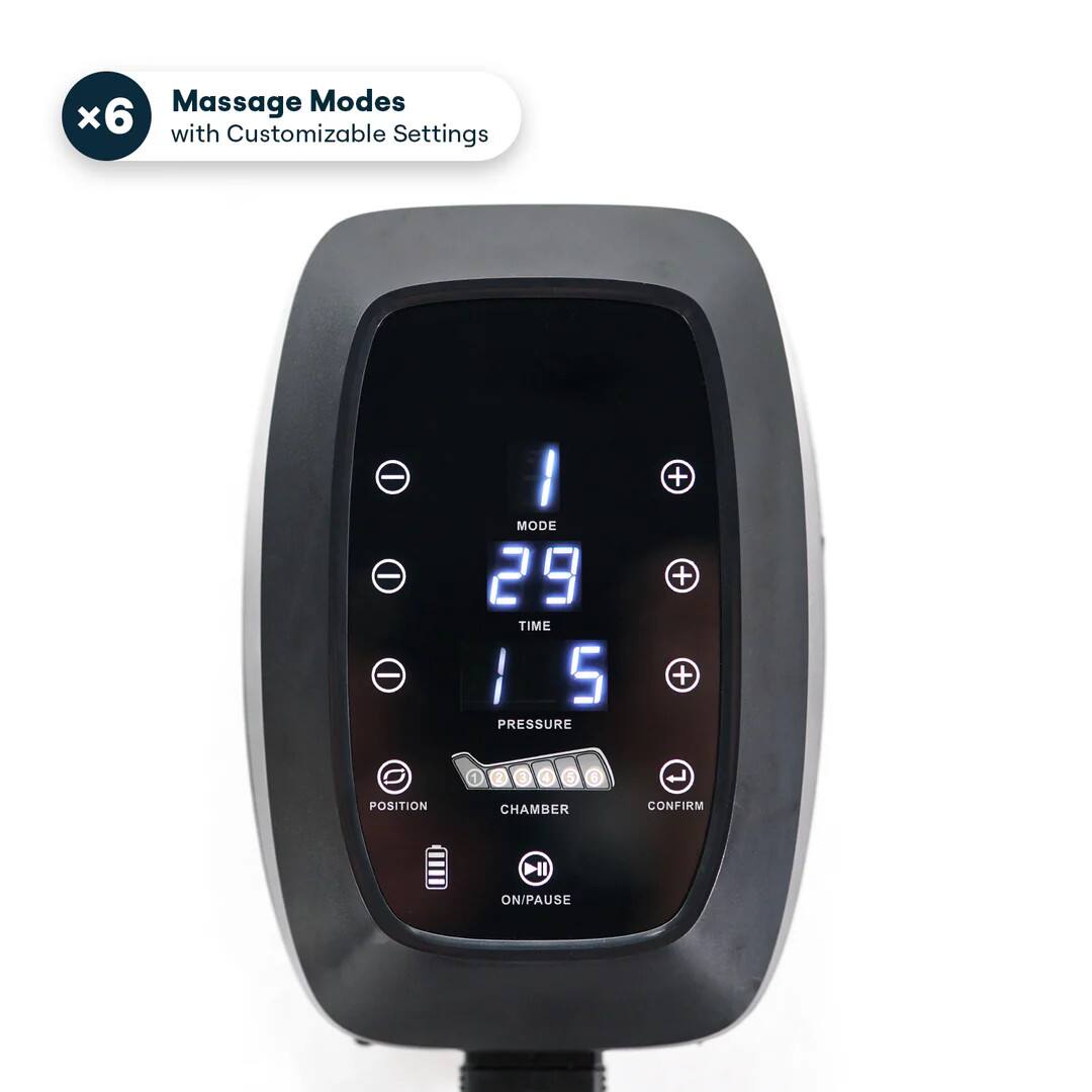 Massage Modes x6 with Customizable Settings

- MODE
- TIME 29
- PRESSURE 5
- POSITION
- CHAMBER
- CONFIRM
- ON/PAUSE