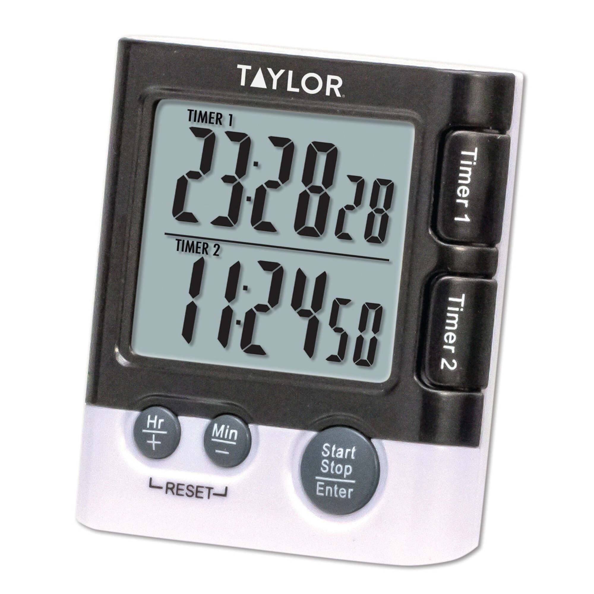 TAYLOR TIMER 1 23:28:28  
TIMER 2 11:24:50  
Timer Hr Min  
+ Start - Stop  
RESET- Enter