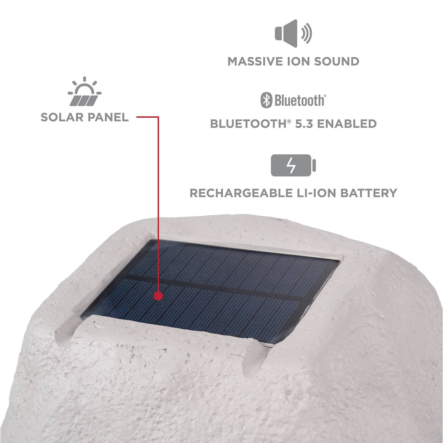 MASSIVE ION SOUND  
SOLAR PANEL  
BLUETOOTH® 5.3 ENABLED  
RECHARGEABLE LI-ION BATTERY