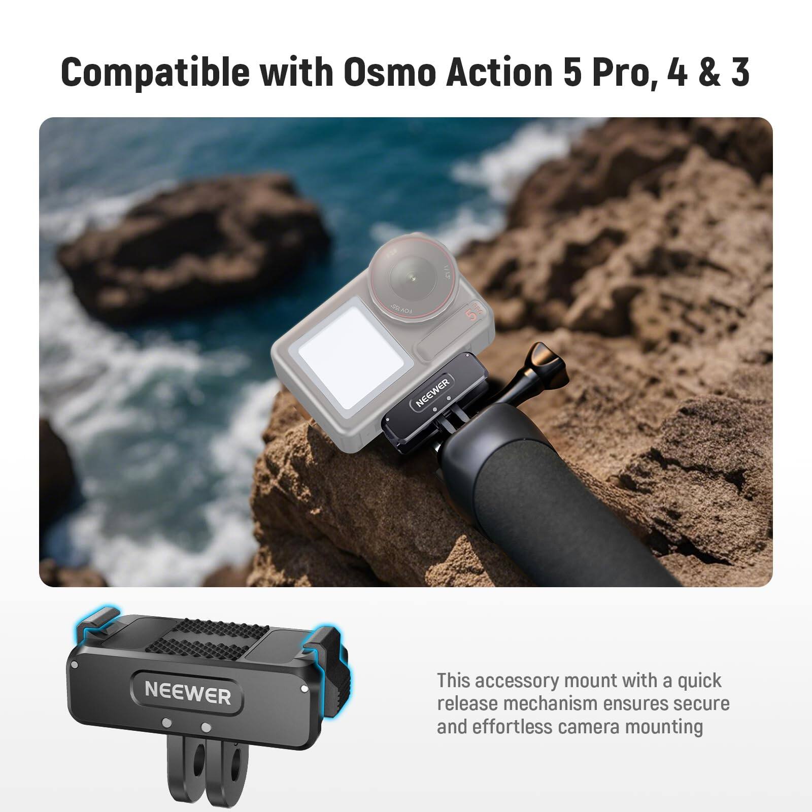 Compatible with Osmo Action 5 Pro, 4 & 3

This accessory mount with a quick release mechanism ensures secure and effortless camera mounting