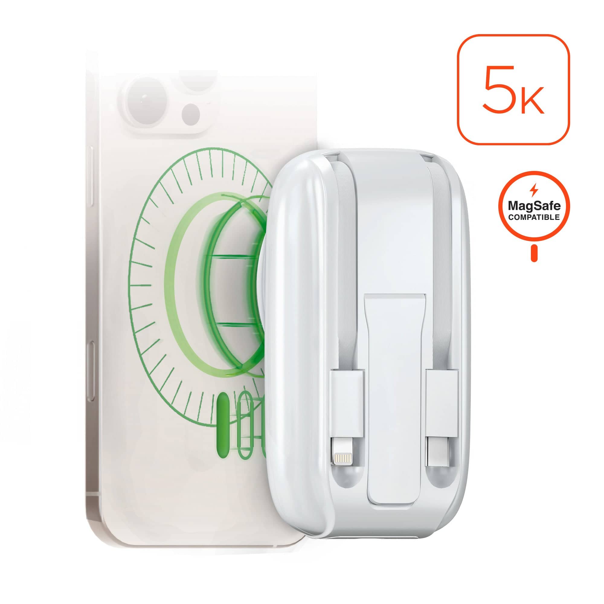 iBasics - 5000mAh MagSafe Power Bank – 15W Wireless Charger with USB-C & Lightning - White