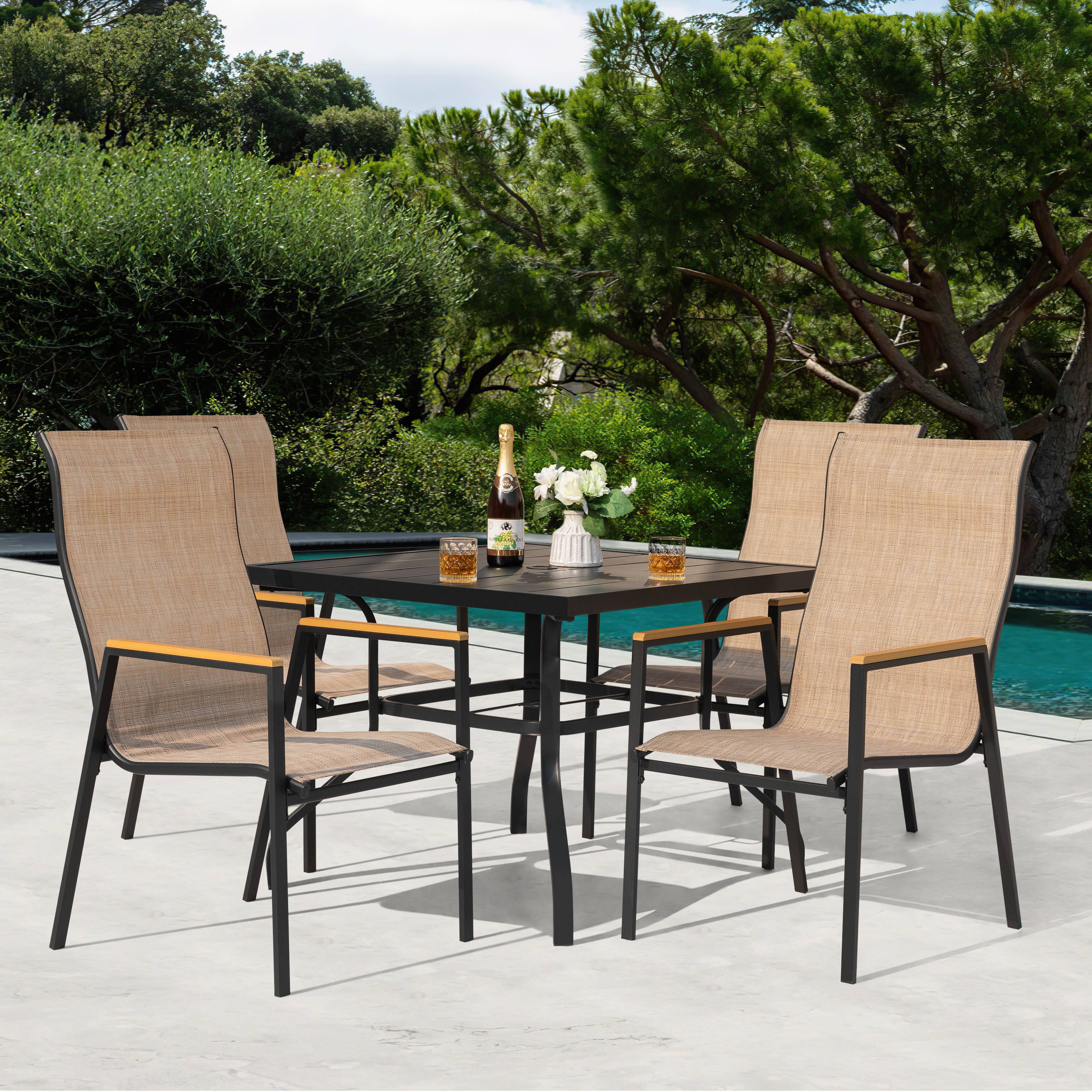 Angle. Nuu Garden - 5-Piece Textilene Patio Dining Set with Umbrella Hole, Stackable Design - Black and Khaki.