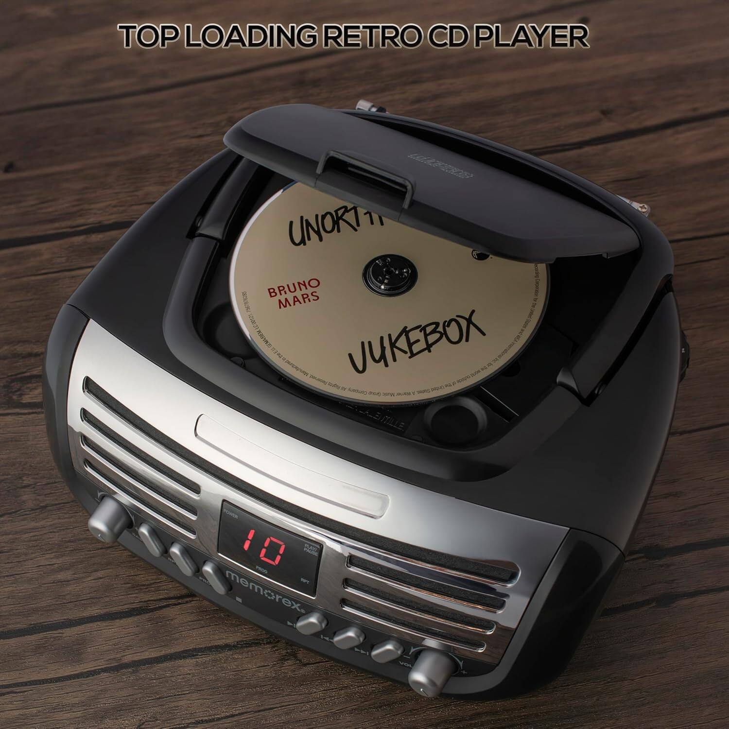 TOP LOADING RETRO CD PLAYER  
UNORT  
BRUNO MARS  
1  
RRE 5  
VUKEBOX  
TN  
M I  
- -  
RNN  
suto d  
- Saon PU a  
- -  
B/LLE 10 1  
-  
memorex