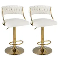 Costway - Swivel Velvet Bar Stools Set of 2 Upholstered Adjustable with Woven Backrest - Beige/Gold - Front_Zoom