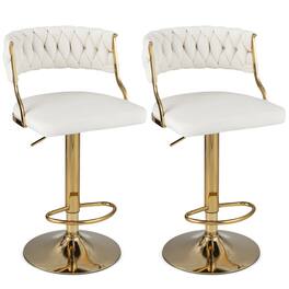 Costway - Swivel Velvet Bar Stools Set of 2 Upholstered Adjustable with Woven Backrest - Beige/Gold