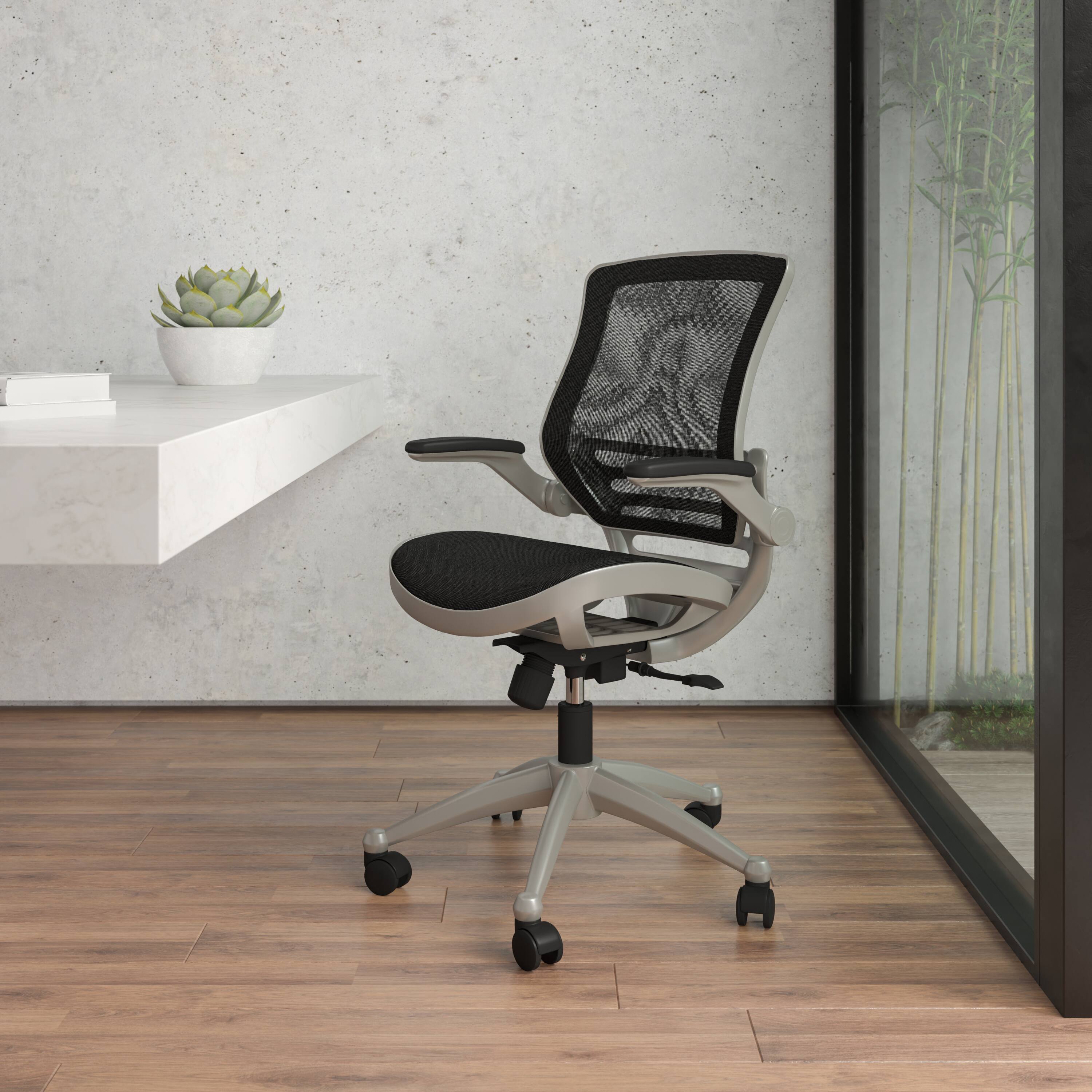 Alt View 1. Emma + Oliver - Mid-Back Transparent Mesh Executive Swivel Office Chair with Flip-Up Arms - Black Mesh/Graphite Silver Frame.