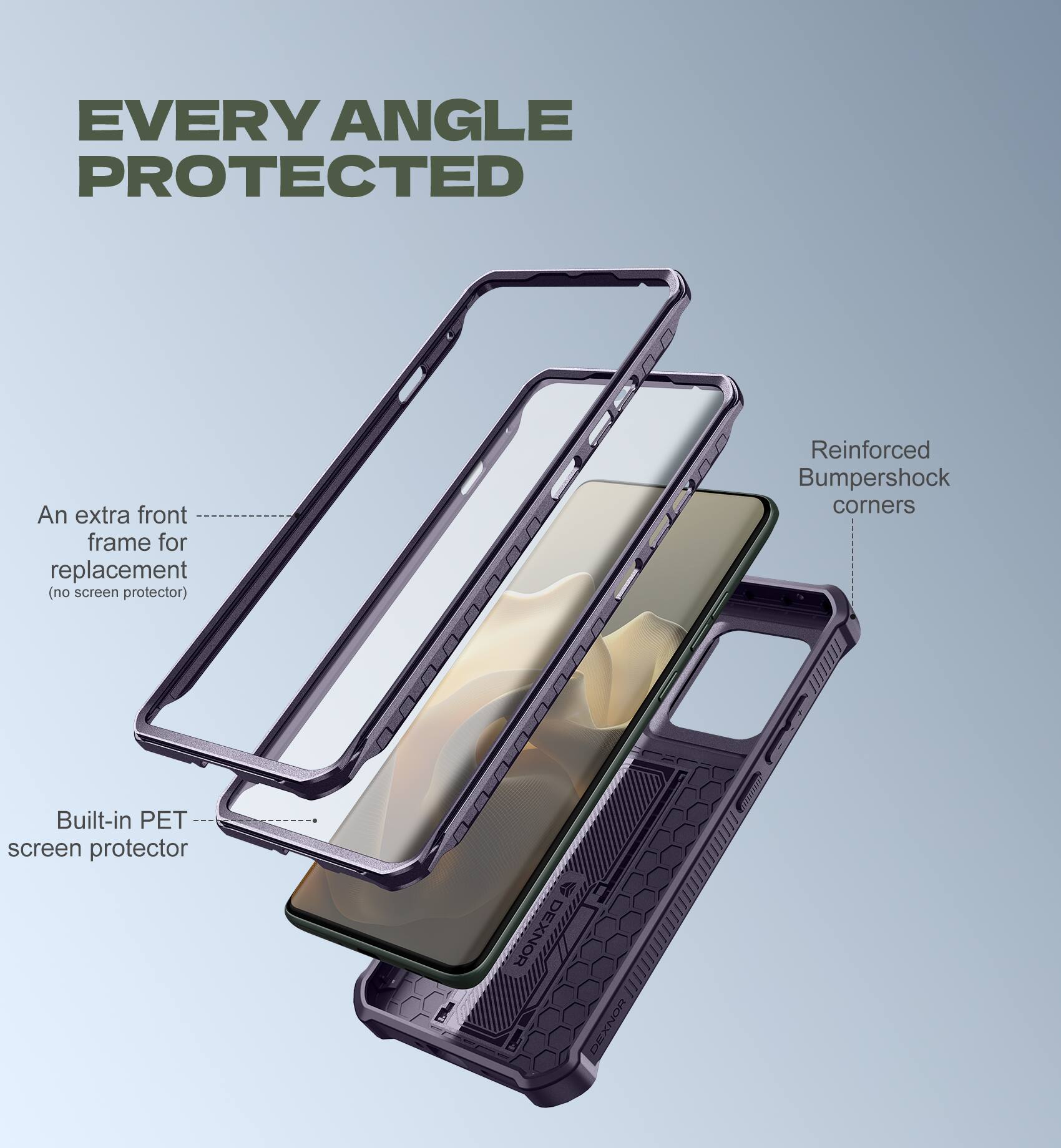 EVERY ANGLE PROTECTED

- An extra front frame for replacement (no screen protector)
- Built-in PET screen protector
- Reinforced Bumpershock corners