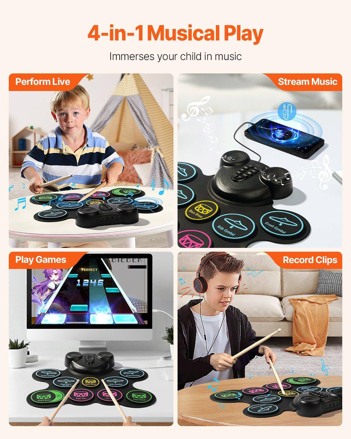 4-in-1 Musical Play  
Immerses your child in music  

Perform Live  
Stream Music  
Play Games  
Record Clips  

BassBrem BHS 4 Ride Gymbal Crash Dyanbral  
PERFECT DILDER  
1246  
CR . ATANA 2