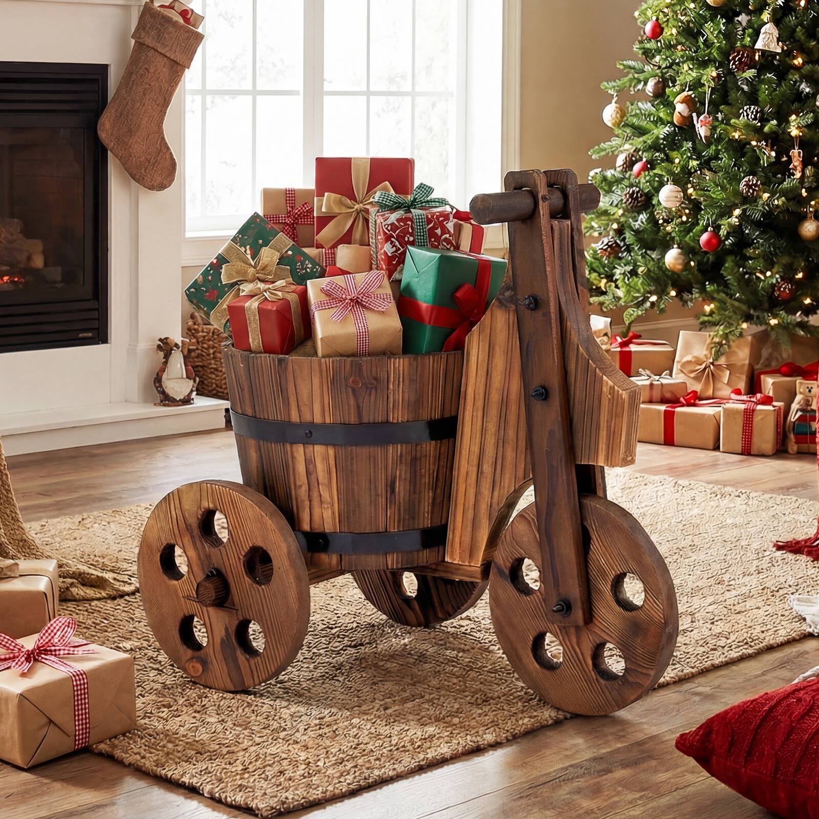 Alt View 3. Gymax - Gymax Rustic Wood Tricycle Planter w/Barrel Pot & Drainage for Patio Balcony Garden - Brown.