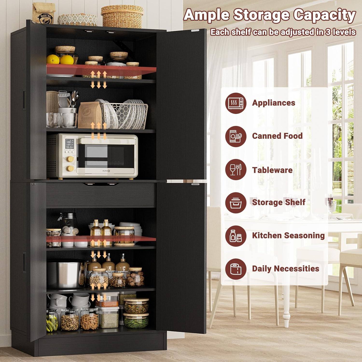 Ample Storage Capacity  
Each shelf can be adjusted in 3 levels

- Appliances
- Canned Food
- Tableware
- Storage Shelf
- Kitchen Seasoning
- Daily Necessities