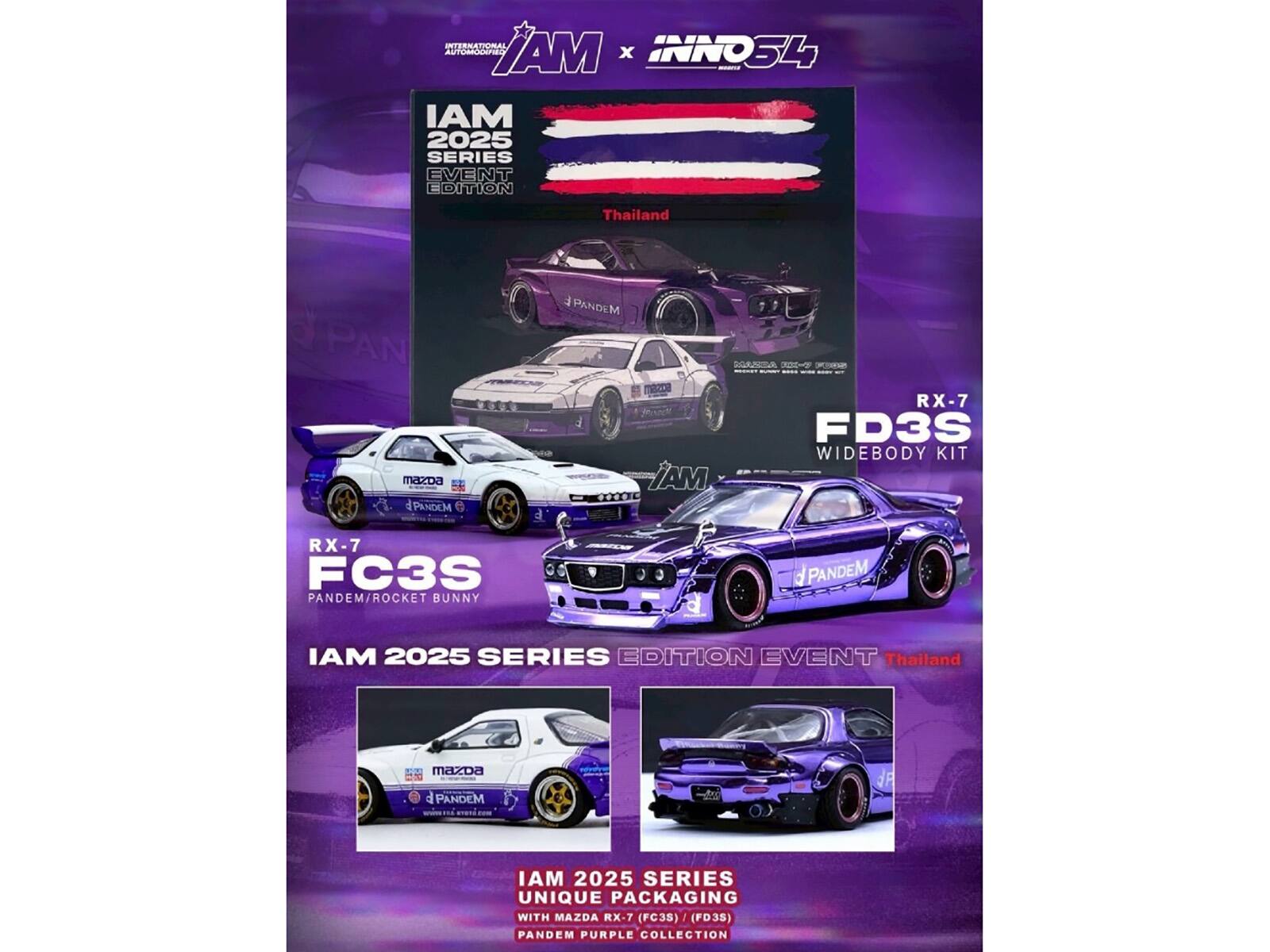 INTERNATIONAL AUTOMOBILE / AM x INNO34 - MAI 2025 SERIES EVENT EDITION Thailand PAN Mazda RX-7 FD3S WIDEBODY KIT AM RX-7 FC3S PANDEM/ROCKET BUNNY PANDEM MAI 2025 SERIES EDITION EVENT Thailand maxDa F PANDEM JP MAI 2025 SERIES UNIQUE PACKAGING WITH MAZDA RX-7 (FC35) (FD3S) PANDEM PURPLE COLLECTION