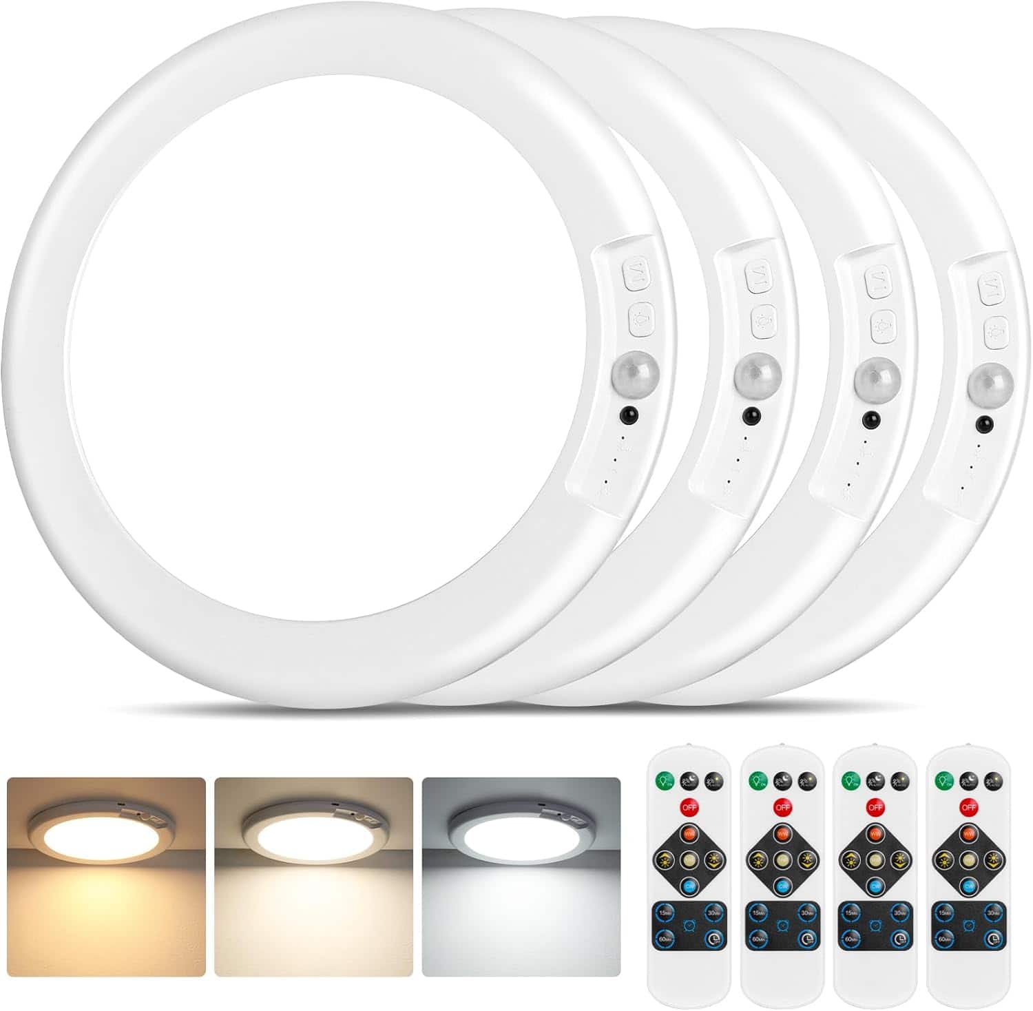 The text on the image appears to be a mix of letters and symbols that are not clearly readable. However, based on the context and common labeling on such devices, it seems to be related to the control buttons on the light fixtures. Here is a possible interpretation:

- "V" (likely a logo or brand symbol)
- "OFF" (power button)
- "C" (possibly a mode or color button)

The remote control has various buttons, which are typically labeled with symbols for power, modes, colors, and settings. Without clearer text, it's difficult to provide an exact correction. The image shows a ring light with multiple segments and a remote control, suggesting it's a smart lighting system with adjustable settings.