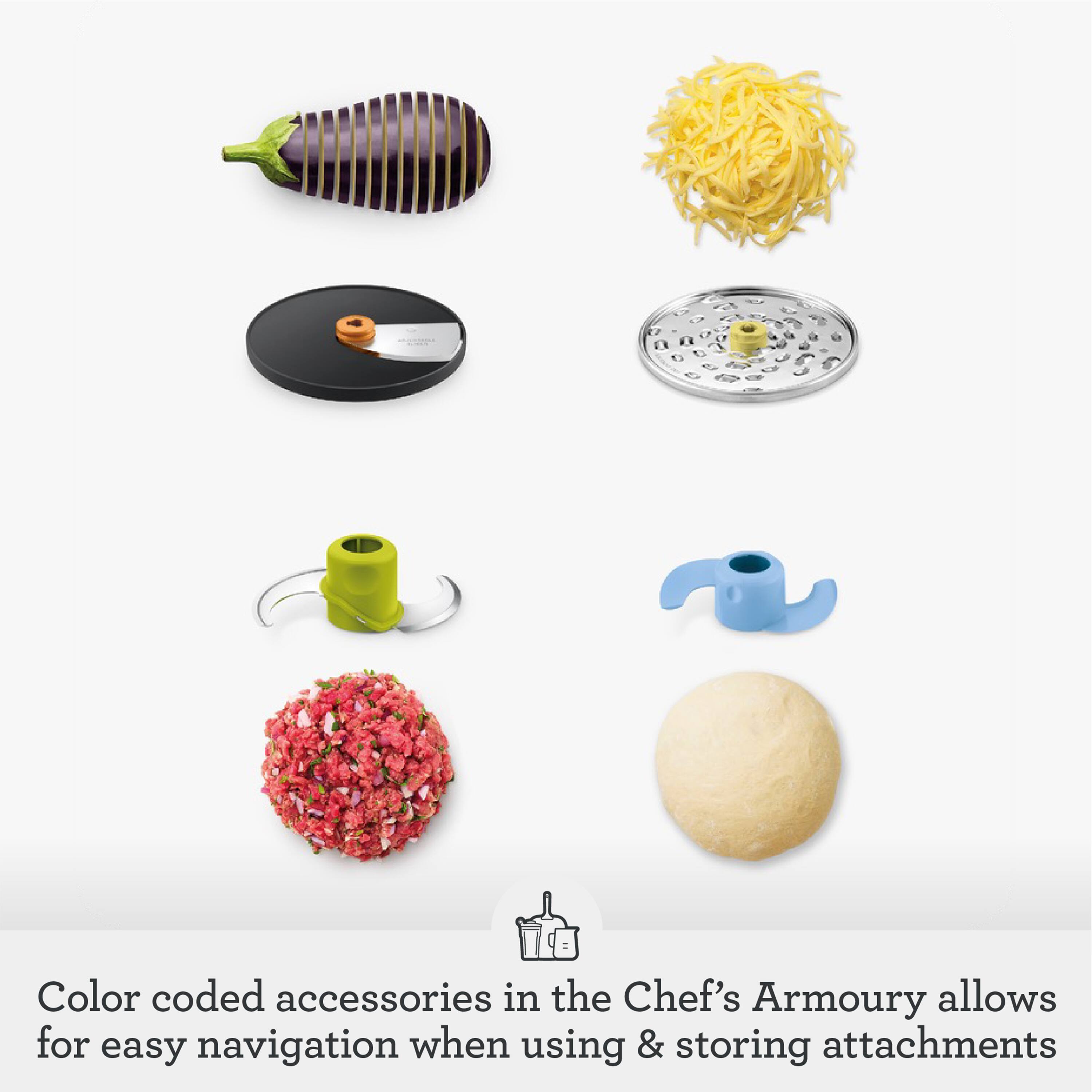 Color coded accessories in the Chef's Armoury allows for easy navigation when using & storing attachments