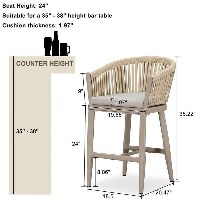 Sure, here is the corrected and grouped text from the image:

---

**Seat Height:** 24"

**Suitable for a 35" - 38" height bar table**

**Cushion thickness:** 1.97"

---

**Counter Height:**

- 35" - 38"

---

**Dimensions:**

- Seat Height: 24"
- Cushion Thickness: 1.97"
- Overall Height: 36.22"
- Width: 19.68"
- Depth: 20.47"
- Back Height: 18.5"
- Seat Depth: 8.86"
- Armrest Height: 9"

---